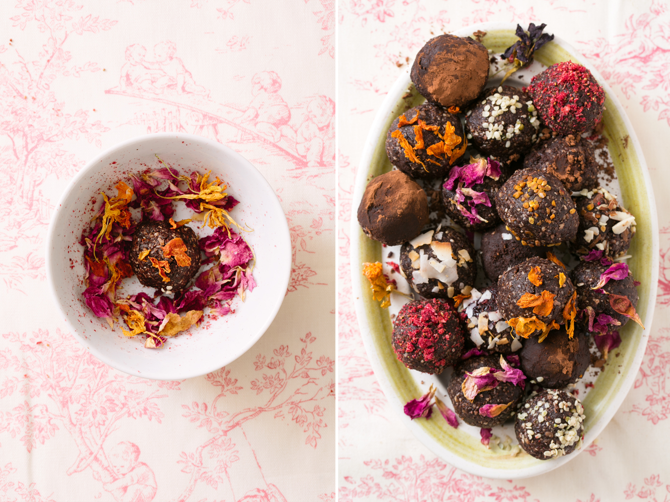 adaptogen bliss balls, rose petals