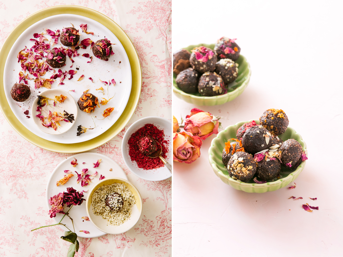 adaptogen bliss balls, toppings, rose petals