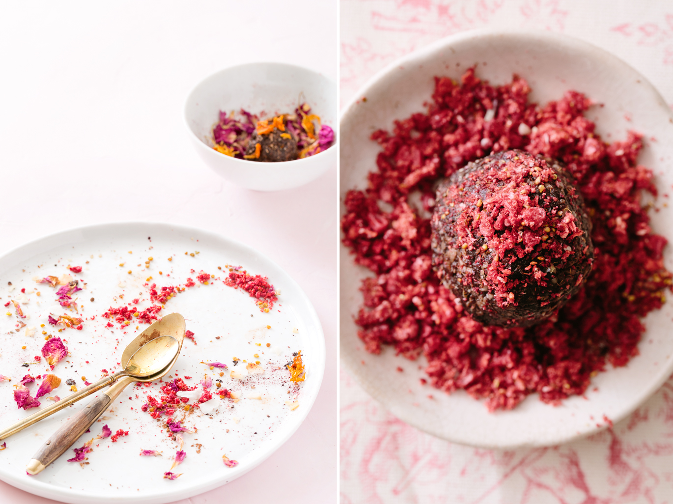 adaptogen bliss balls, toppings, freeze dried raspberries